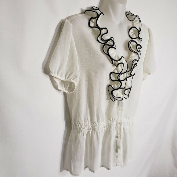 AGB Womens Top Large Ivory Sheer Ruffle Accent Button Elastic Waist Blouse - Picture 4 of 10
